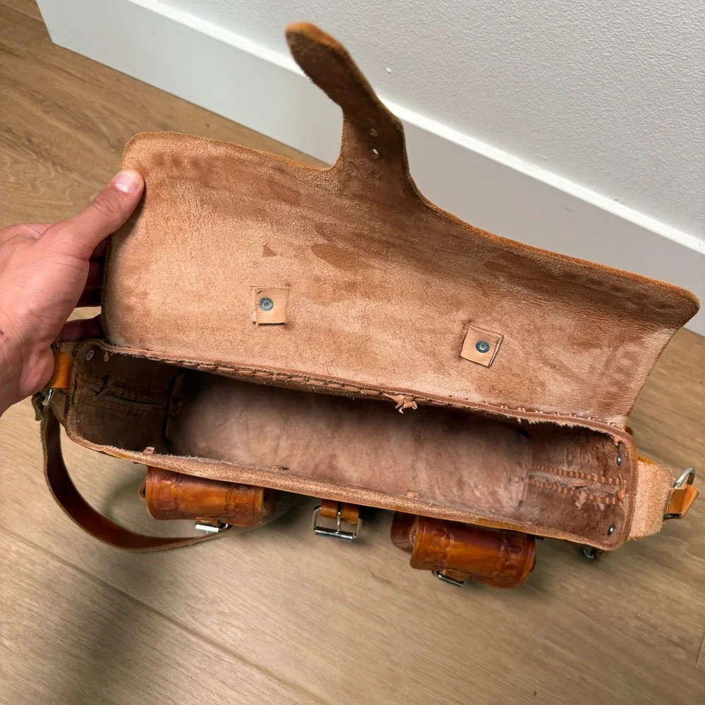 Vintage Hand Tooled Leather Briefcase Mens Messenger Bag Eagle Aztec Sun Mexico
